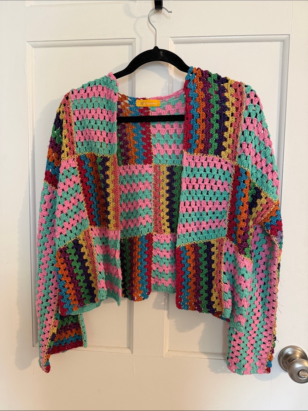 Rose Carmine - Colorblock Crochet Open Cardigan Sweater - Multi Pink